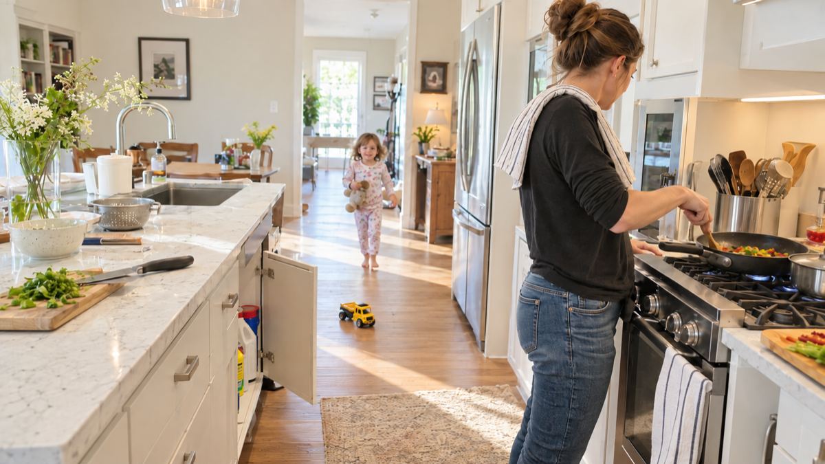 Kitchen with a pan handle over the walkway, a knife near the counter edge, and a toy on the floor.